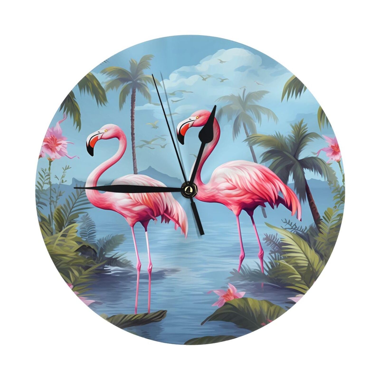 FodPand Tropical Flamingos Wall Clock - 10 Inch Silent Non-Ticking Modern Wall Clocks Battery Operated - Classic Simple Minimalist Analog Round Decorative Clock for Kitchen, Home, Office