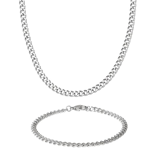 Lucky Brand Mens Jewelry Set with Curb Chain Necklace 22" and Bracelet 8.5", 304 4MM Stainless Steel