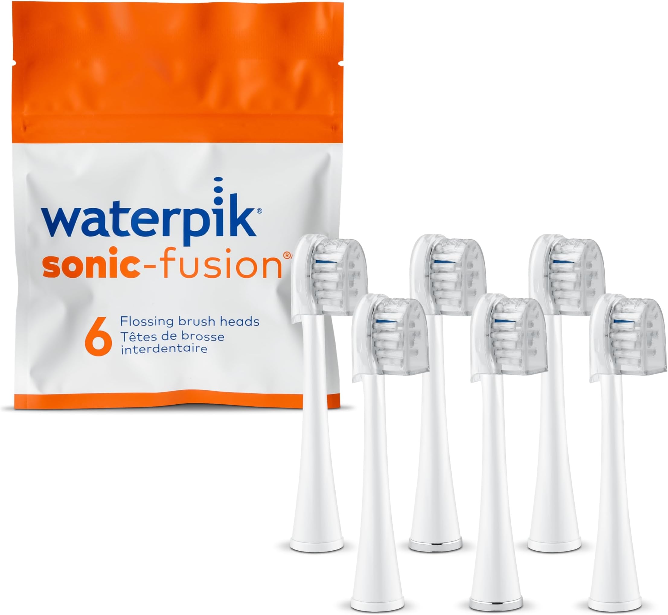 Waterpik Genuine Compact Size Replacement Brush Heads With Covers for Sonic-Fusion Flossing Toothbrush SFRB-2EW, 6 Count White