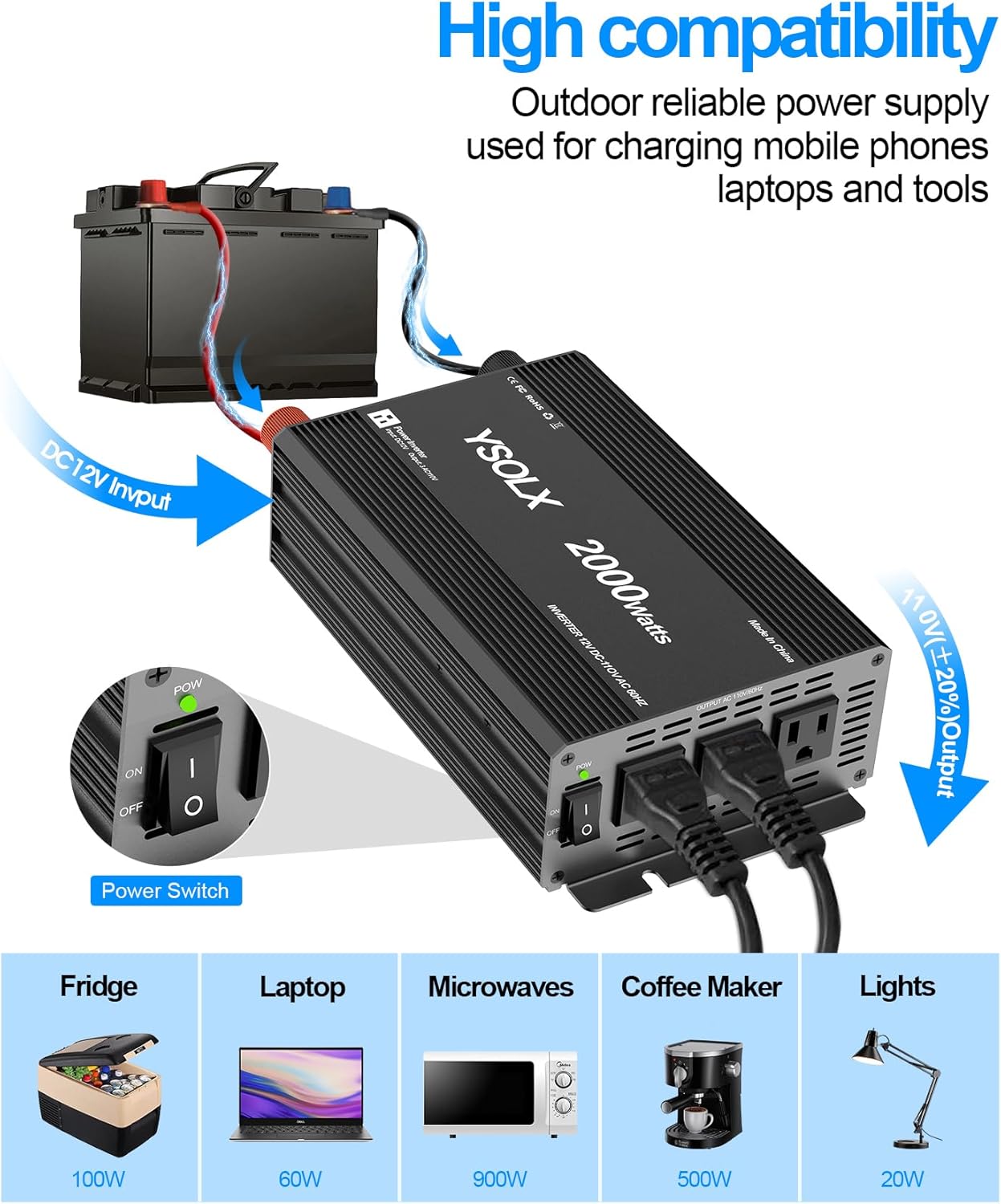 YSOLX 2000W Power Inverter 12V to 110V, DC to AC Inverter with 3 AC Outlets for RV Truck Camping, Home Emergency Use (4000W Peak)