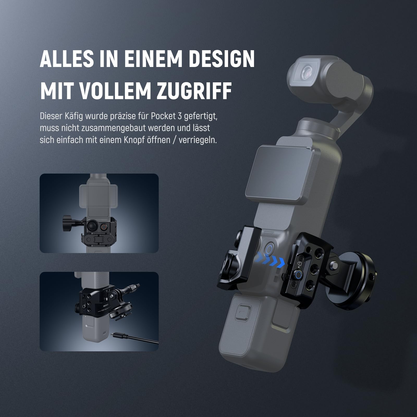 NEEWER Pocket 3 Käfig Kompatibel mit DJI Osmo Pocket 3 & Creator Combo Zubehör, Gimbal Videoaufnahme Erweiterung Rig mit Action Camera Adapter, 1/4" Gewinde, Cold Shoe, Reinigungstuch, AC009