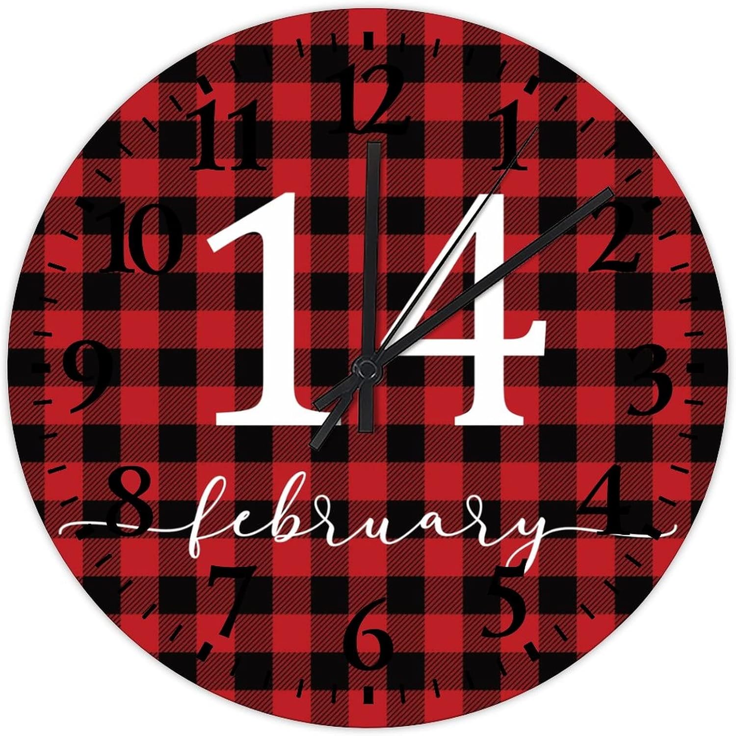 Valentine's Day February 14 Wood Wall Clocks 12 Inch, Buffalo Check Red Plaid Love Quote Wall Clock Wood Battery Operated Round Arabic Numeral Clock for Home Office School