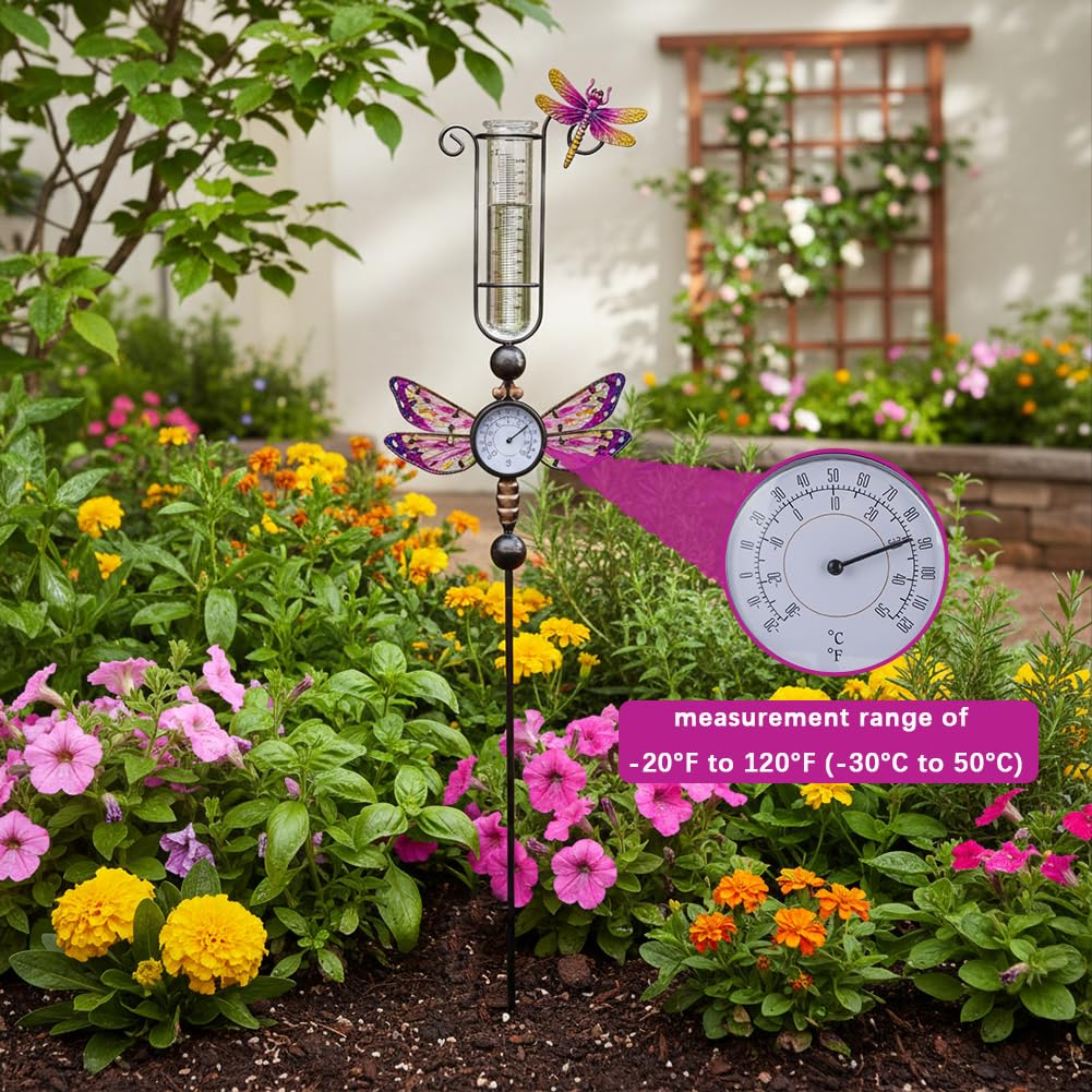 Regenmesser für den Außenbereich mit 7 Inc Kunststoffrohr | Mit Thermometer, gebeizter Libellen-Dekoration, Metall-Gartenstecker, Regenwassermesser für Hof, Garten und Rasen