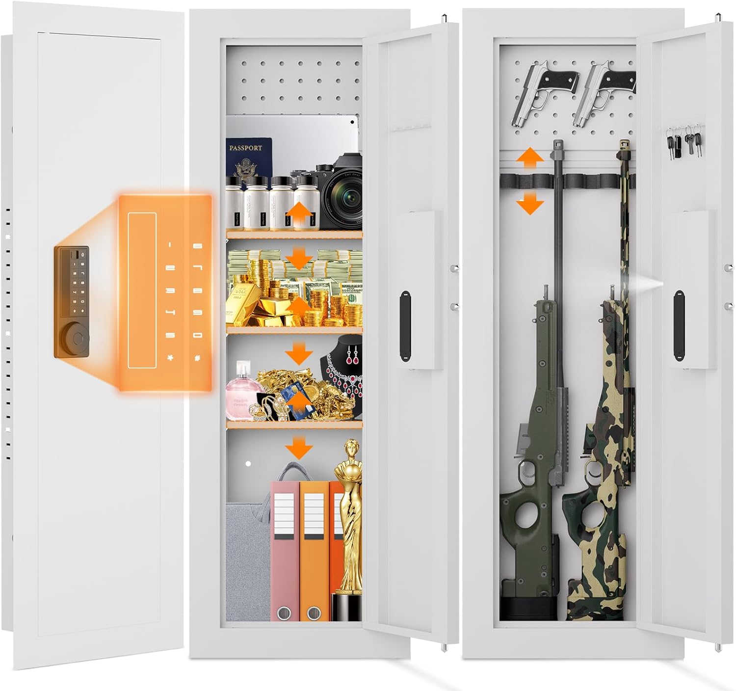 53.15" Wall Safe Between the Studs, Biometric Fingerprint Hidden Safe with Dual Alarm System and Silent Mode, Wall Gun Safe with 3 Adjustable Shelves and Magnetic Slot (Black-Fingerprint)