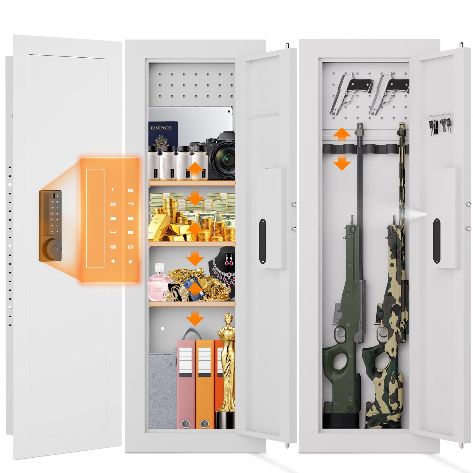 47.24" Wall Safe Between the Studs, Hidden Safe with Removable Pegboard, Wall Gun Safe with Magnetic Slot and 3 Adjustable Shelves(White-Digital)