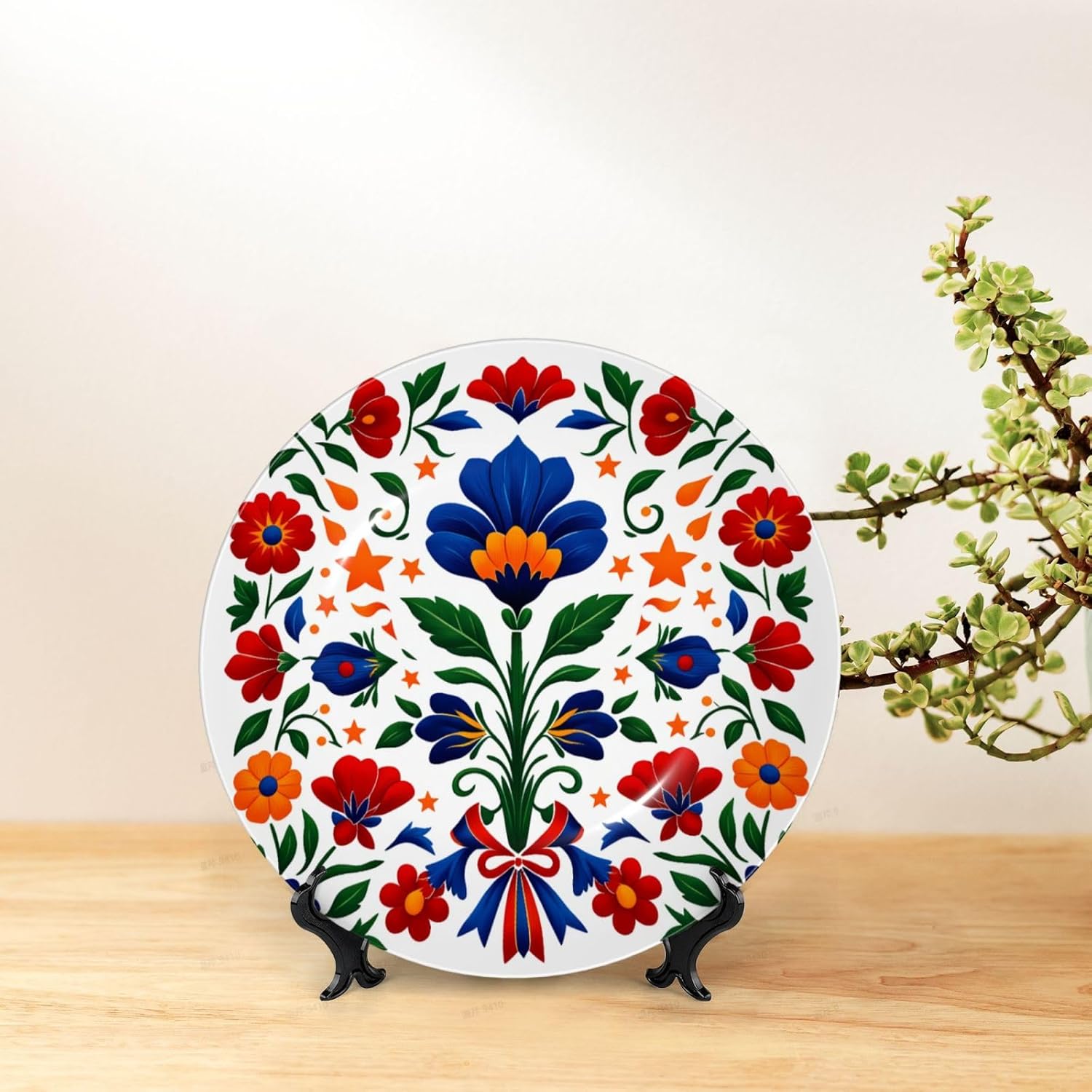 Floral Symphony Design Style Ceramic Plate Display Decorative Plate With Stand Wall Hanging Plate For Home Decor 10 Inch