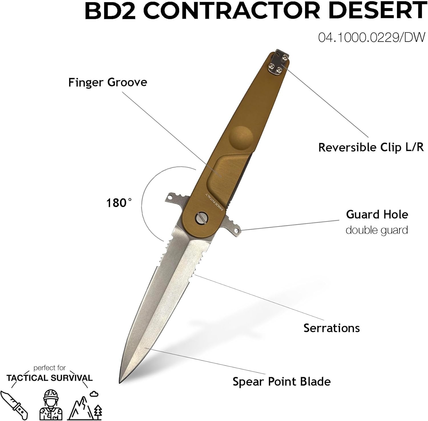 Extrema Ratio - BD2 Contractor (DESERT), Folding Knife, Böhler N690 steel blade hardened to 58 HRC, stone-washed finish, anticorodal aluminum handle, dual thumb stud, reversible clip, Italian craftsmanship