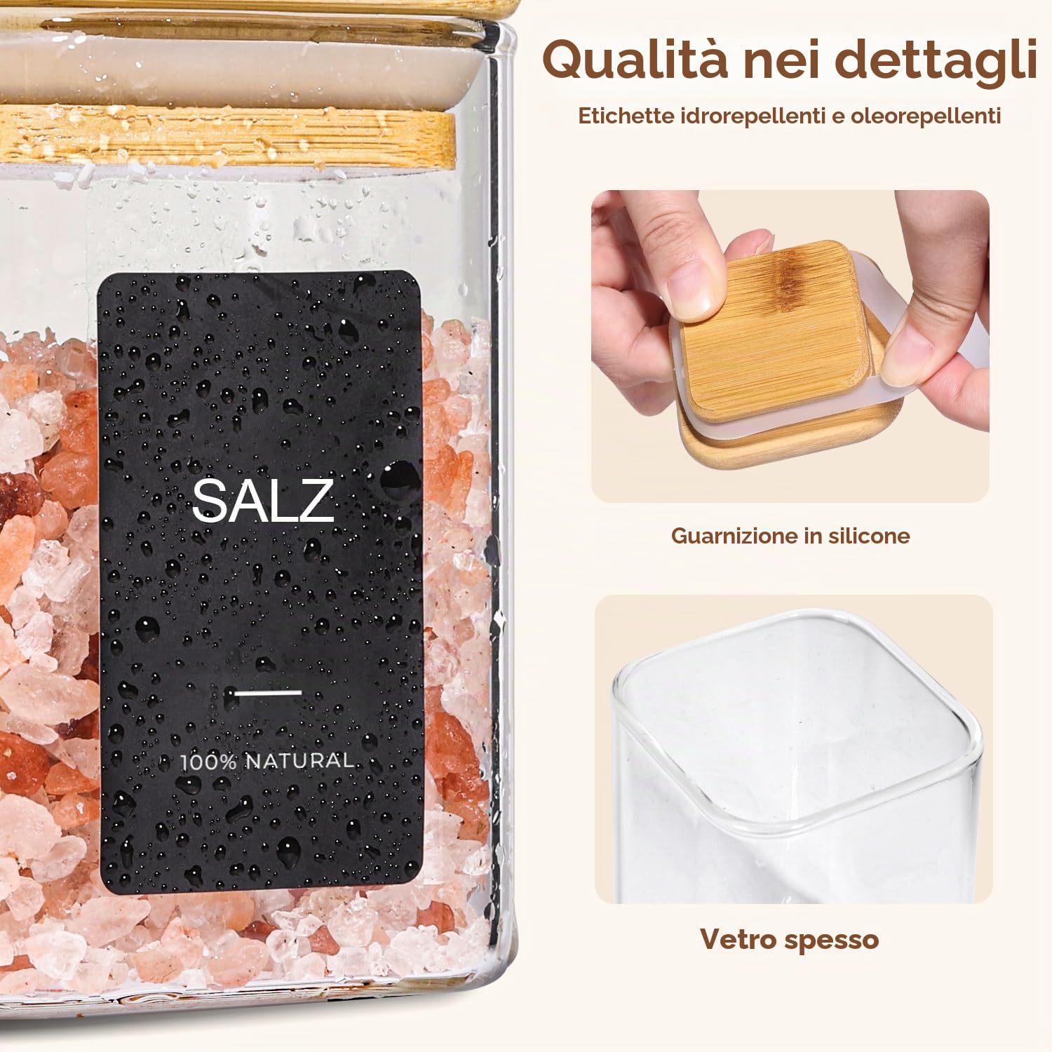 ComSaf Barattoli Spezie Quadrati, 12 x 120 ml, Barattoli Vetro con Coperchio in Bambù, Contenitori Spezie Ermetici con 54 Etichette, per Porta Spezie per Cucina, Cassetto e Cucina