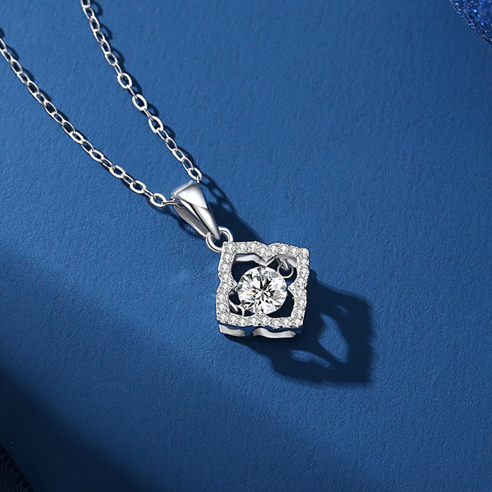 Collana in Oro Bianco 9/14/18Kt, Cavo Rombi con Bianco Moissanite Ciondolo Donna Oro 375/585/750, 40+5cm