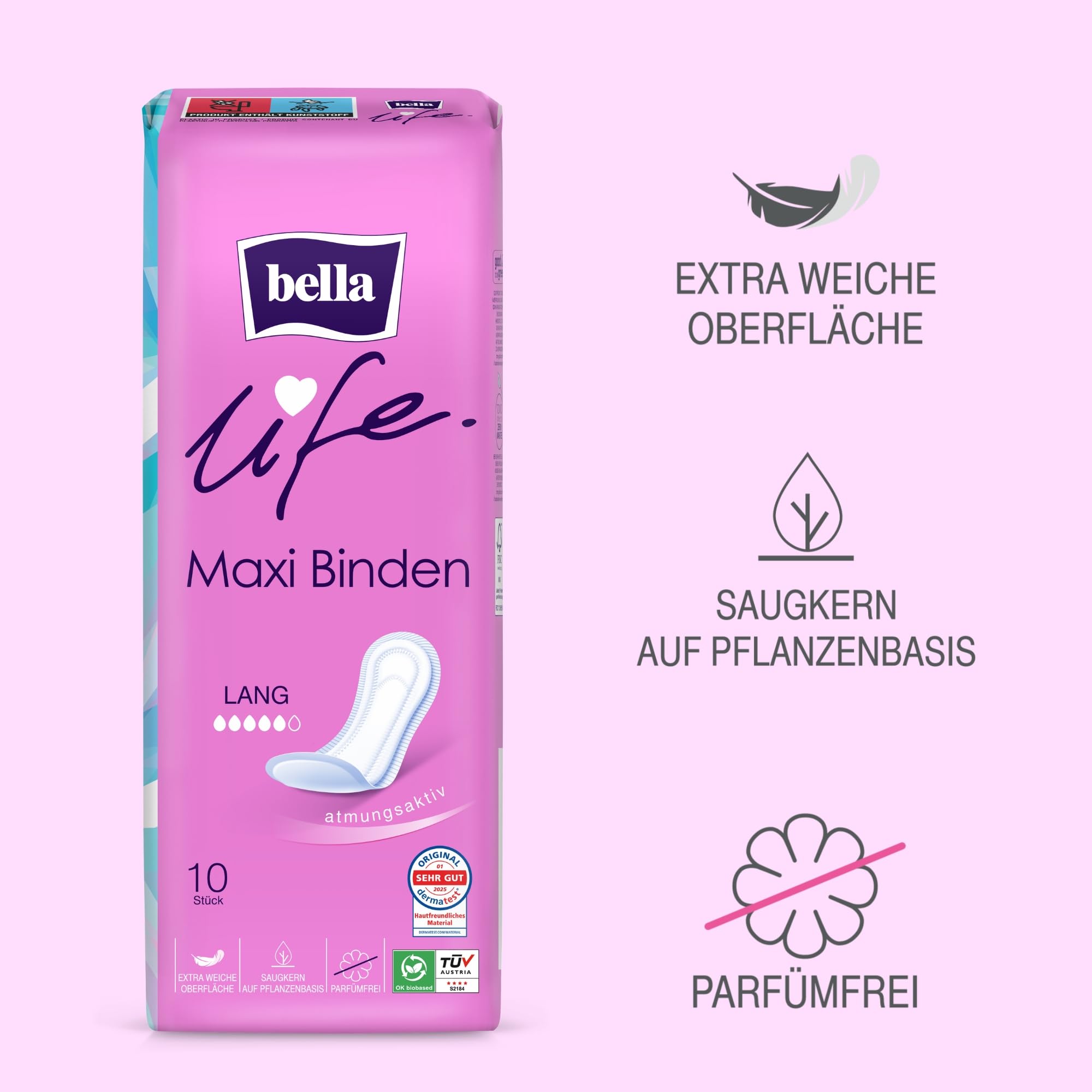 bella life Maxi Damenbinden ohne Flügel Lang 100 Stück (10x10) parfümfrei weich