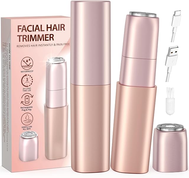 Facial Hair Remover for Women, Painless Electric Face Shaver with 2 Replacement Heads, Rechargeable & Portable Face Razor, Removes Peach Fuzz on Upper Lip, Chin & Face, Smooth Skin Gift for Women