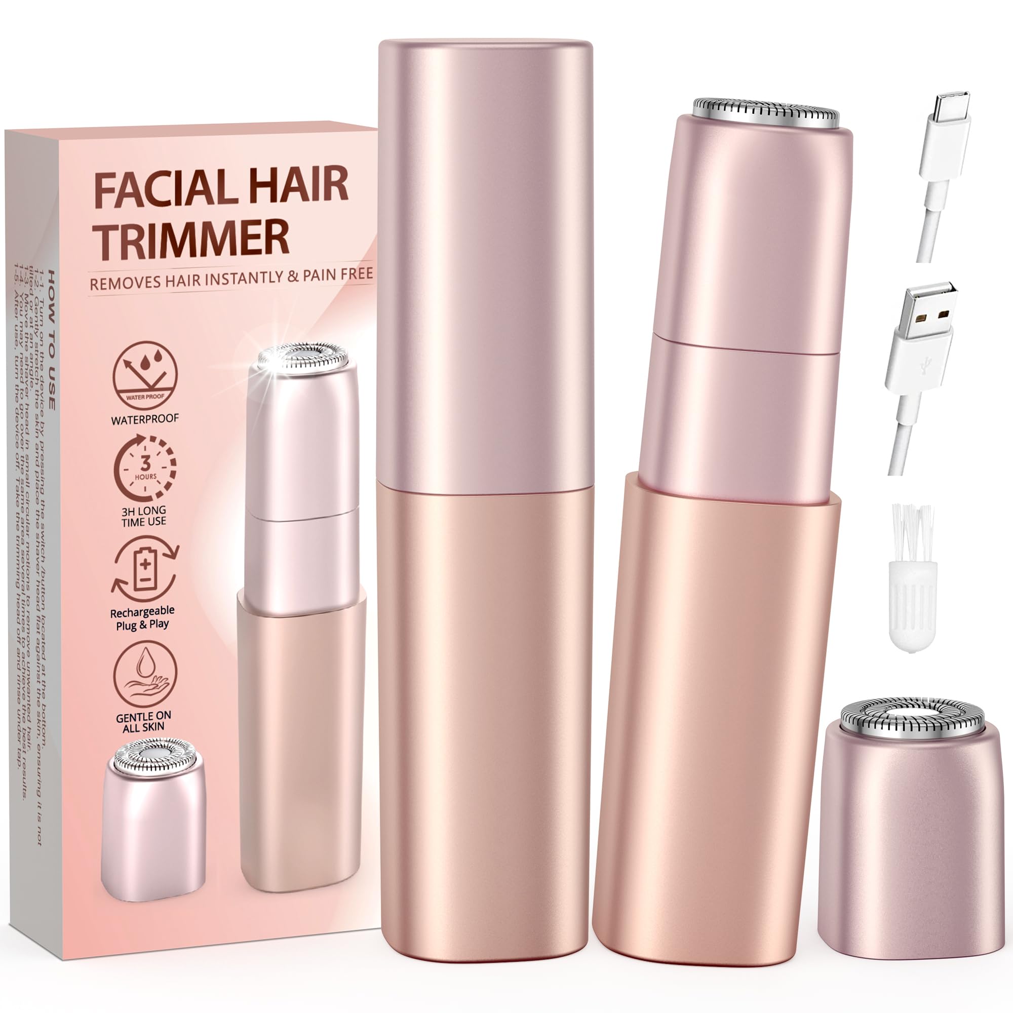 Facial Hair Remover for Women & Face Shaver - Rechargeable & Painless Electric Razor for Peach Fuzz, Comes with 2 Replacement Heads for Upper Lip, Chin & Face, Portable and Gift Ready