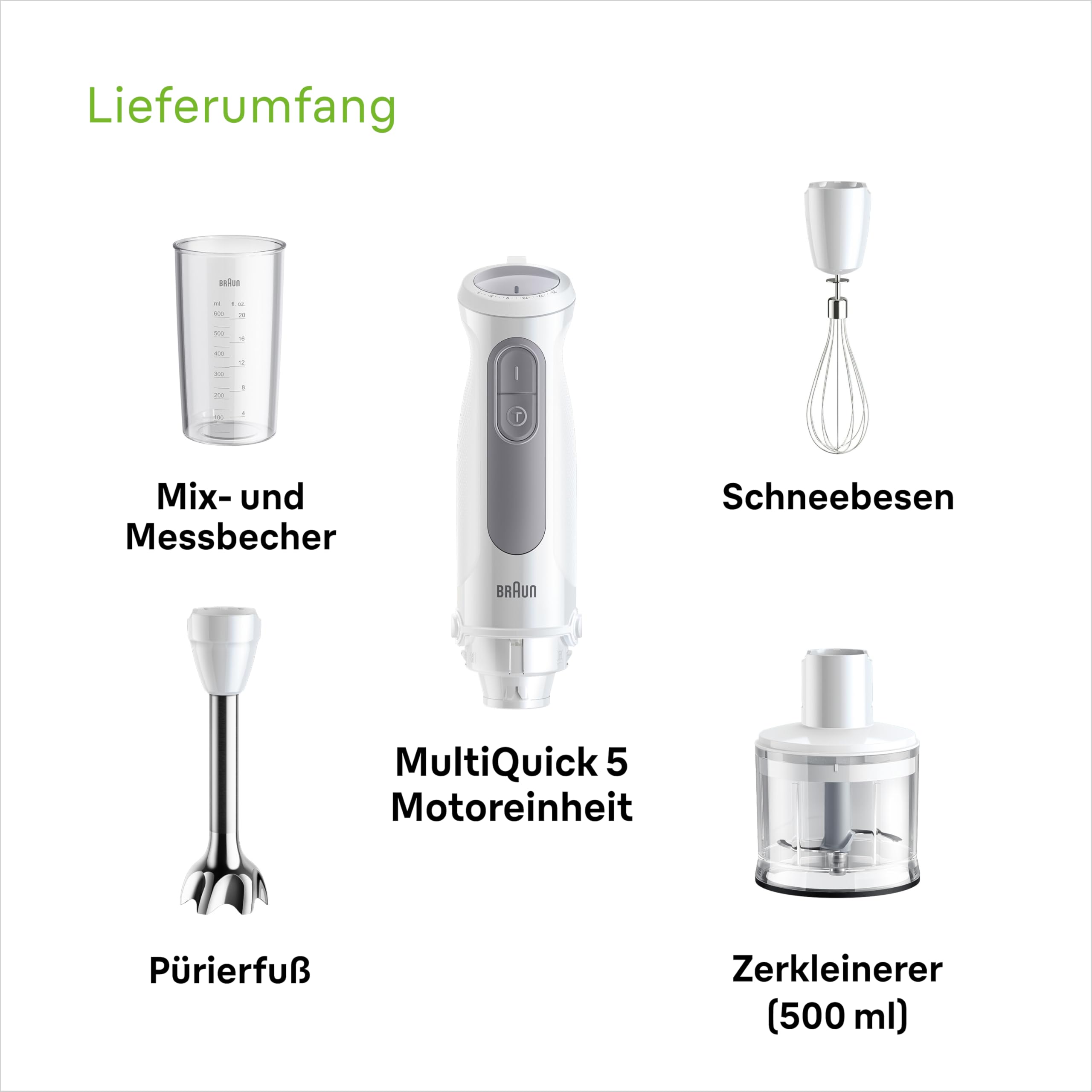 Braun MultiQuick 5 MQ 50236 M Stabmixer, 1000W, 21 Geschwindigkeitsstufen+Turbo, Edelstahl Pürierfuß, Weiß