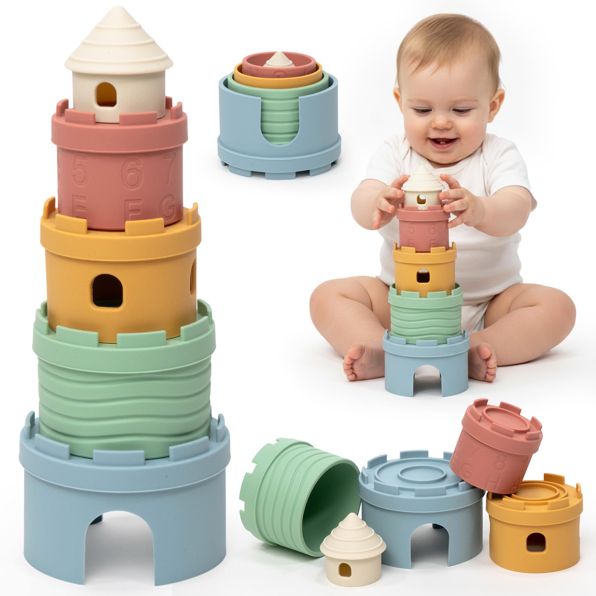 Cubos Apilables Bebé Silicona Montessori 3 en 1 – Juguetes Sensoriales Educativos 6-12 Meses | Mordedor Bebe sin BPA | Juguete Baño, Playa y Aprendizaje | Regalo Niño Niña 1 Año