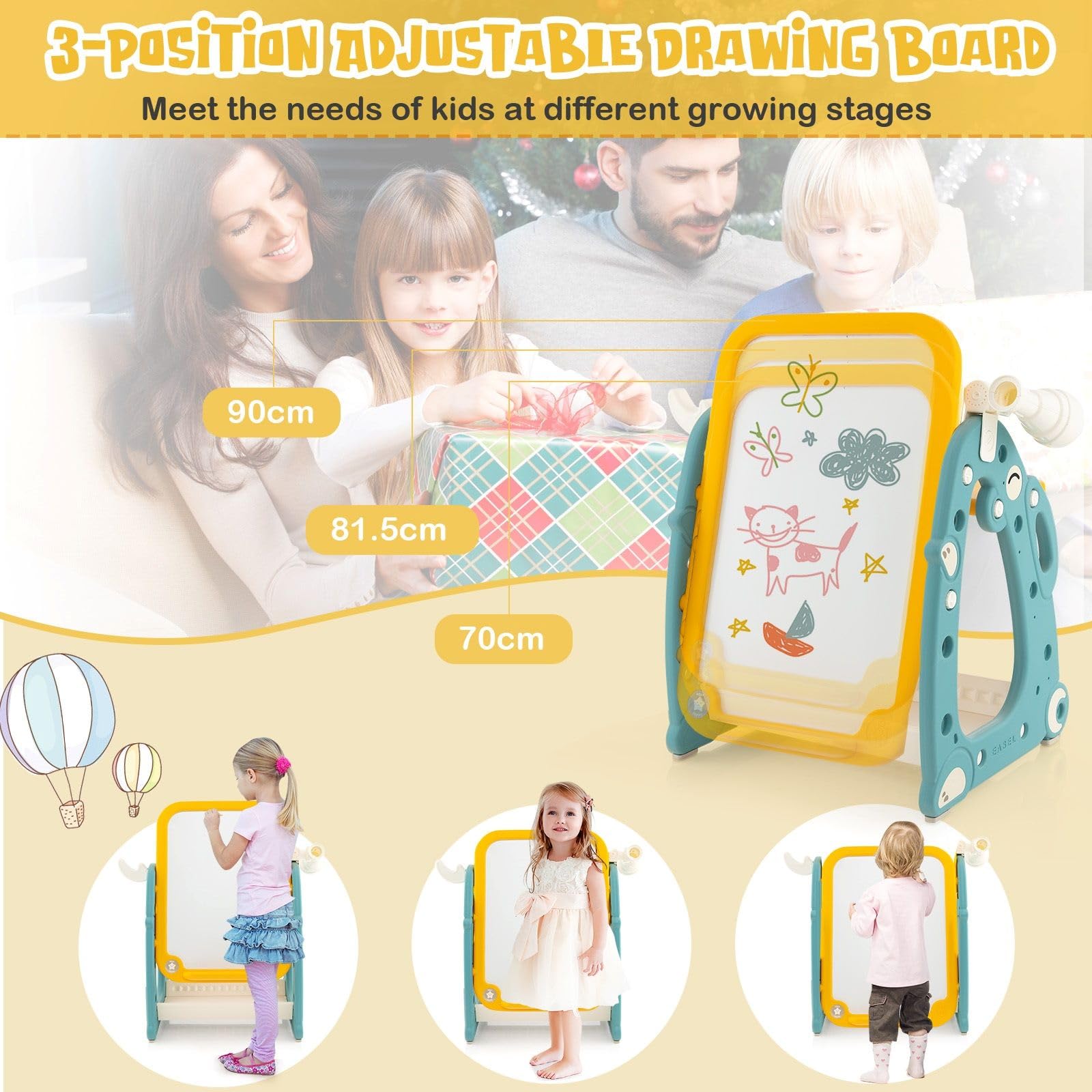 HOMASIS Cavalletto da pittura per bambini con sedia, lavagna per bambini ad altezza regolabile, tavolino multifunzione e salvaspazio, con penne, gomma per lavagne bianche, blu e giallo
