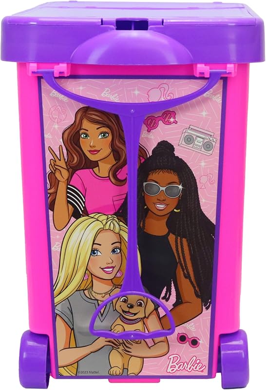 Store It All! Rolling Storage Bin – Extra-Large Organizer Case with Wheels & Handle for Barbie Dolls, Clothes, Accessories & Playsets – Pink Portable Travel Toy Box | Large portable travel organizer for dolls, clothes and accessories; durable pink plastic case with colorful stickers