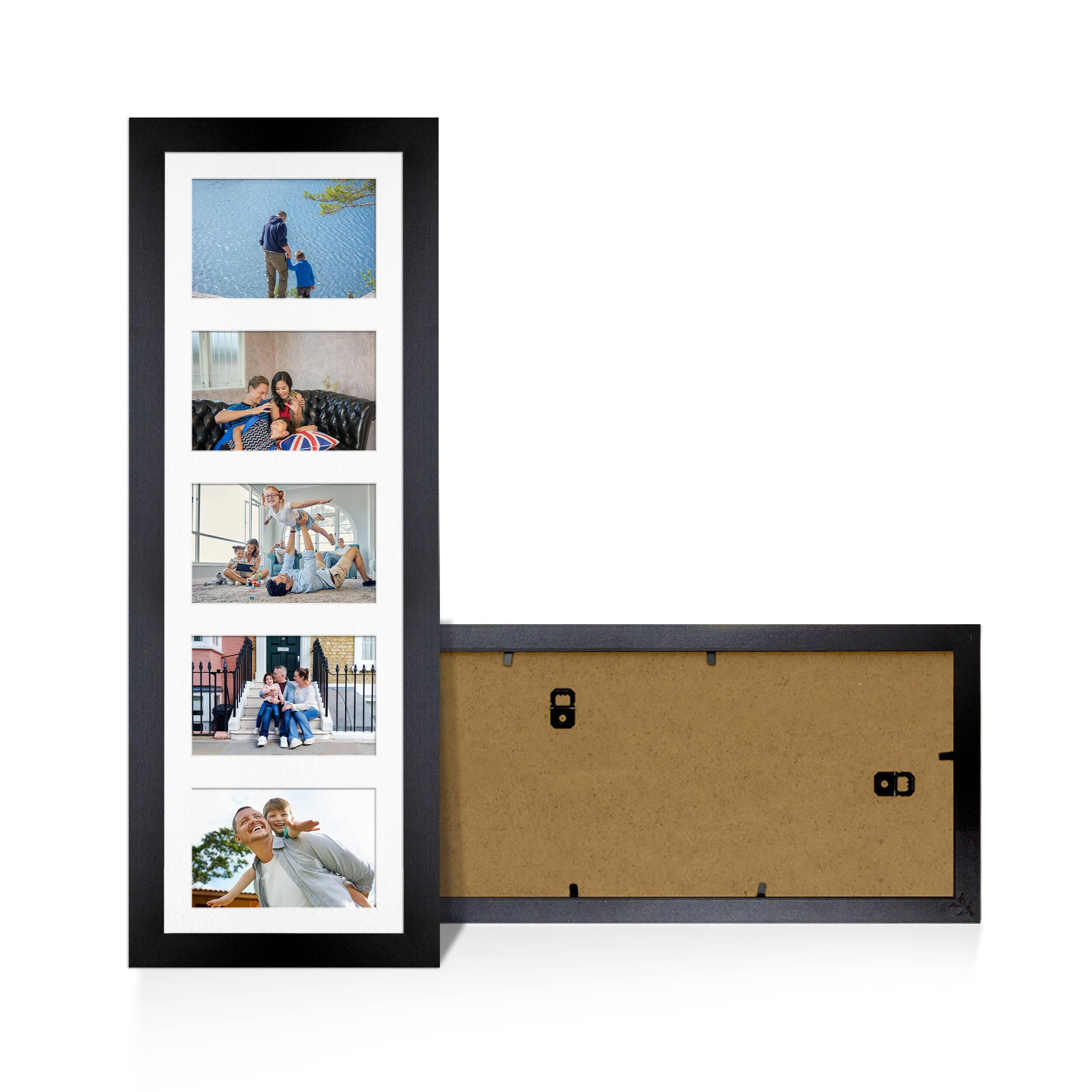 Alison Kingsgate Black 26x8 Photo frames for multiple pictures - 5 Apertures Collage Frame with White Mount - Holds (5x) 6x4 Photos - Engineered Wood & Perspex