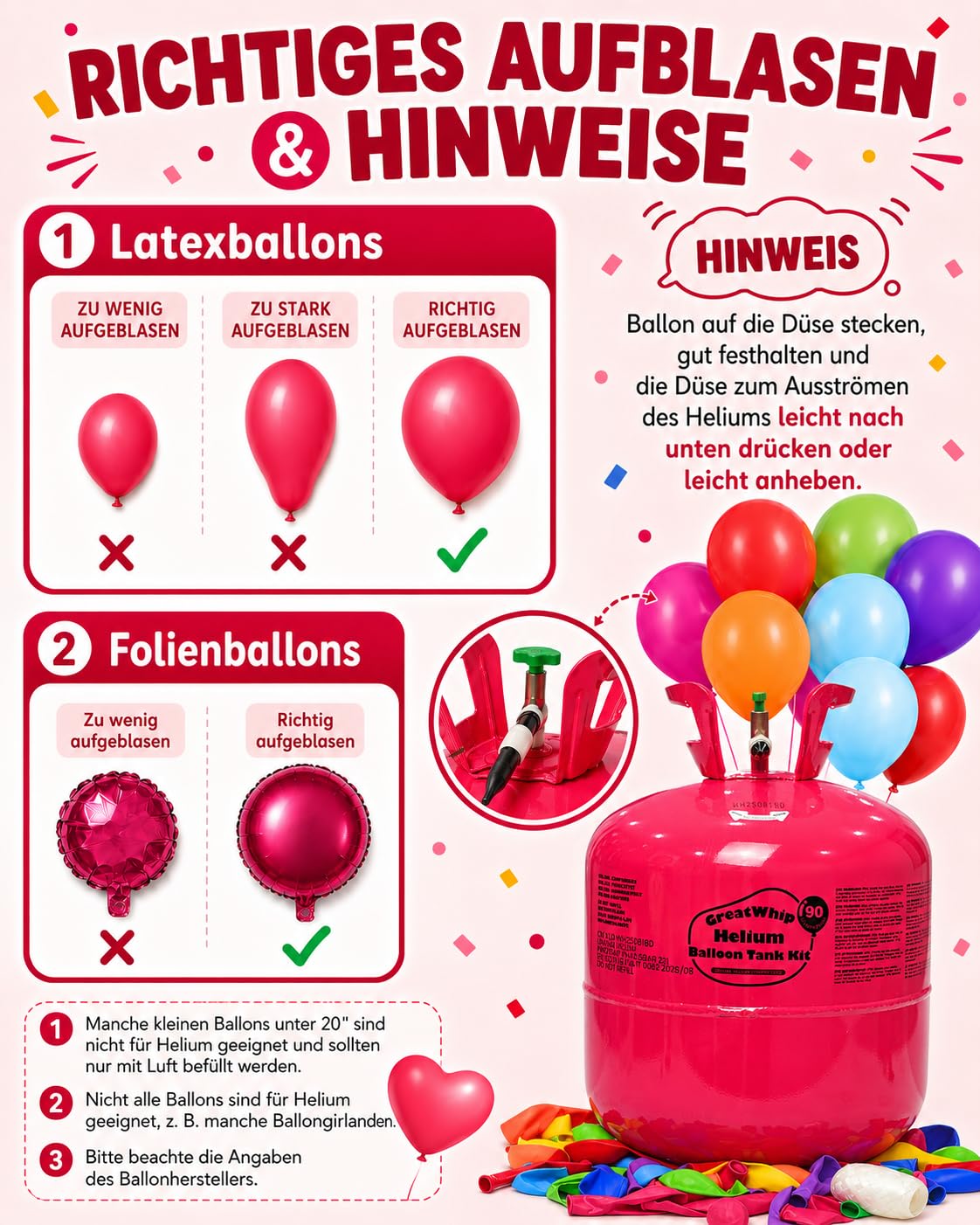 GreatWhip Ballongas für 90 Luftballons Helium Gasflasche 600 Liter (0,6m³) XXXL Einweg mit Füllventil, inkl. Kinderluftballons und Bänder, Hochzeit, Geburtstag, Firmenevent, Party | Einwegflasche mit Füllventil, inkl. Luftballons und Bänder; für Hochzeit,
