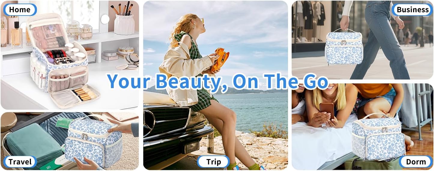 CUBETASTIC Makeup Bag Large, Floral Travel Make Up Case for Women with Removable Partitions & Multi-Pockets, Vertical Storage Cosmetic Pouch & Toiletry Bag (Floral Blue, Large) - Image 8