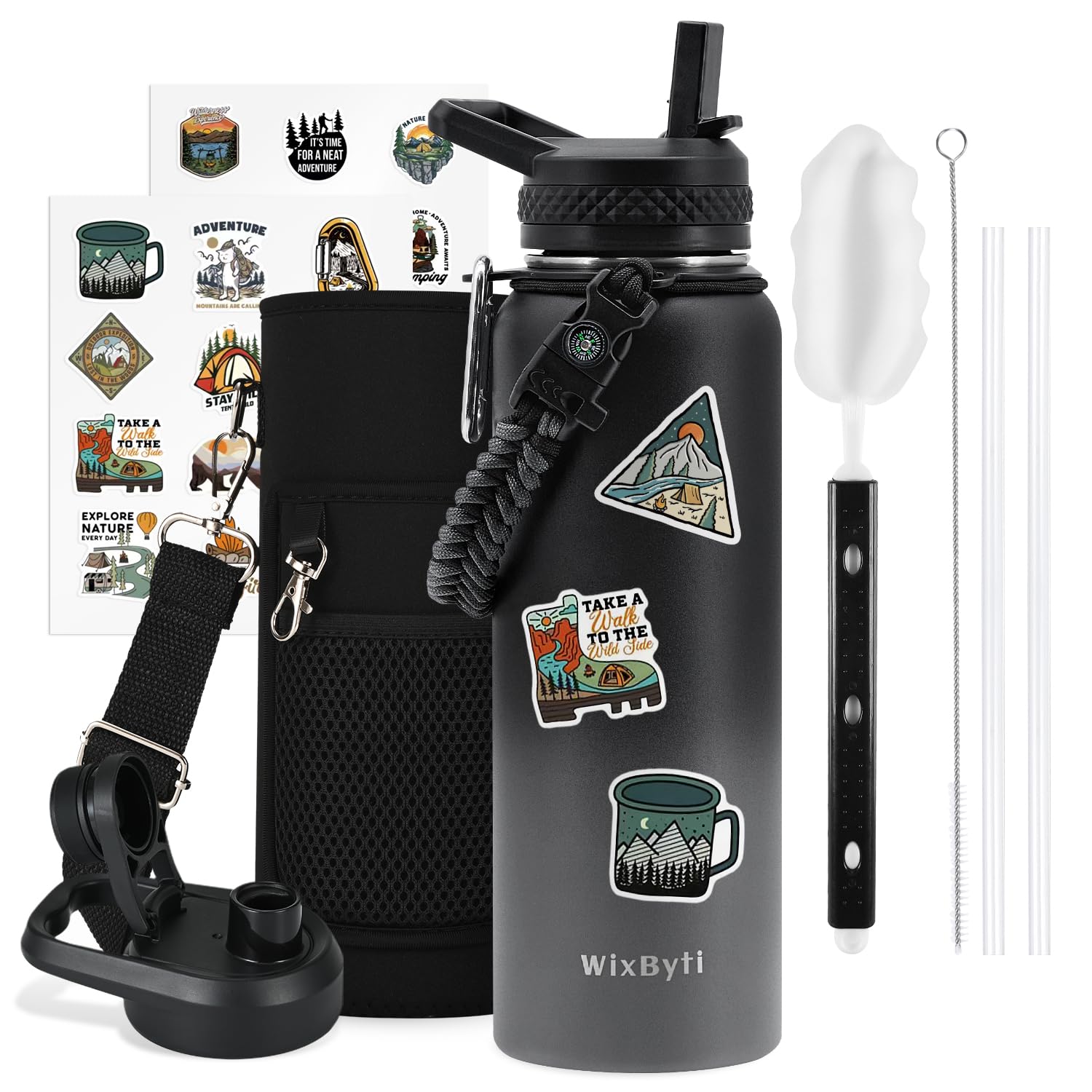 40 oz Insulated Water Bottle with Straw (Cold for 48 Hrs), Stainless Steel Triple Wall Vacuum Sports Water Jug, Leakproof Hydro Cup Flask with Paracord Handle & Straw Spout Lids & DIY Stickers