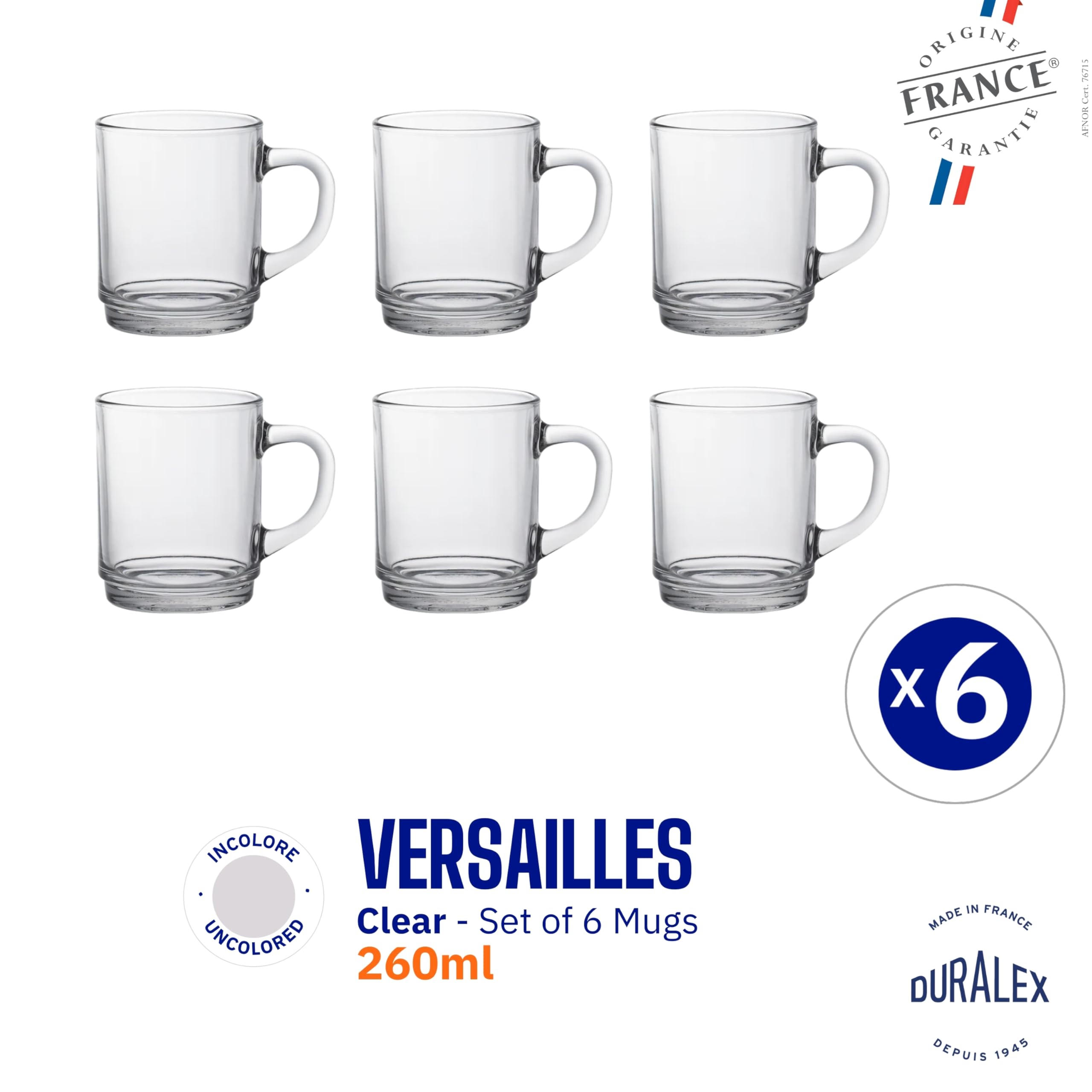 Duralex France Versailles Clear Tempered Glass Mugs | 260ml Set of 6 | Ultra-Resistant, Stackable Coffee & Tea Mugs | Microwave & Dishwasher Safe | Giftable Mug Set 4