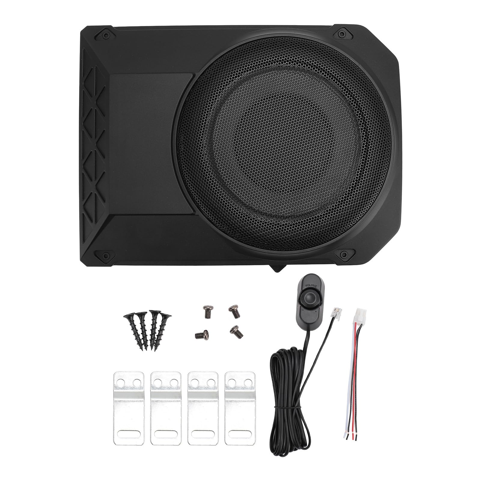 10 Inch 600W Powered Under Seat Car Subwoofer, Ultra Thin Design for Truck Boxes and Enclosures, with Variable Bass Boost and Low Pass Filter, Easy Installation, Aluminum Alloy Ma