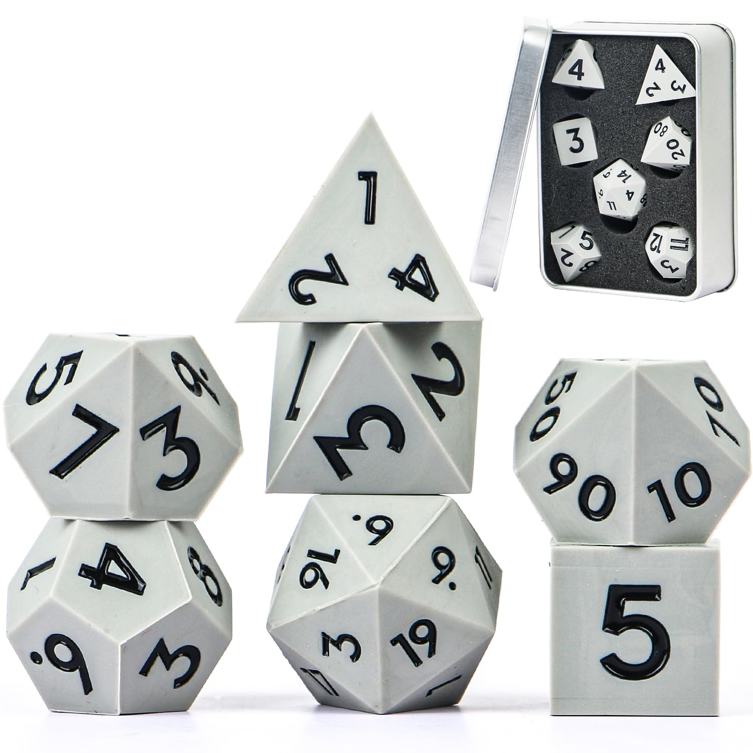 DND - Set di 7 dadi in silicone per DND, con display trasparente, con numeri neri sfaccettati, per giochi di ruolo come Dungeons and Dragons, per giochi di ruolo e giochi da tavolo (grigio nero)