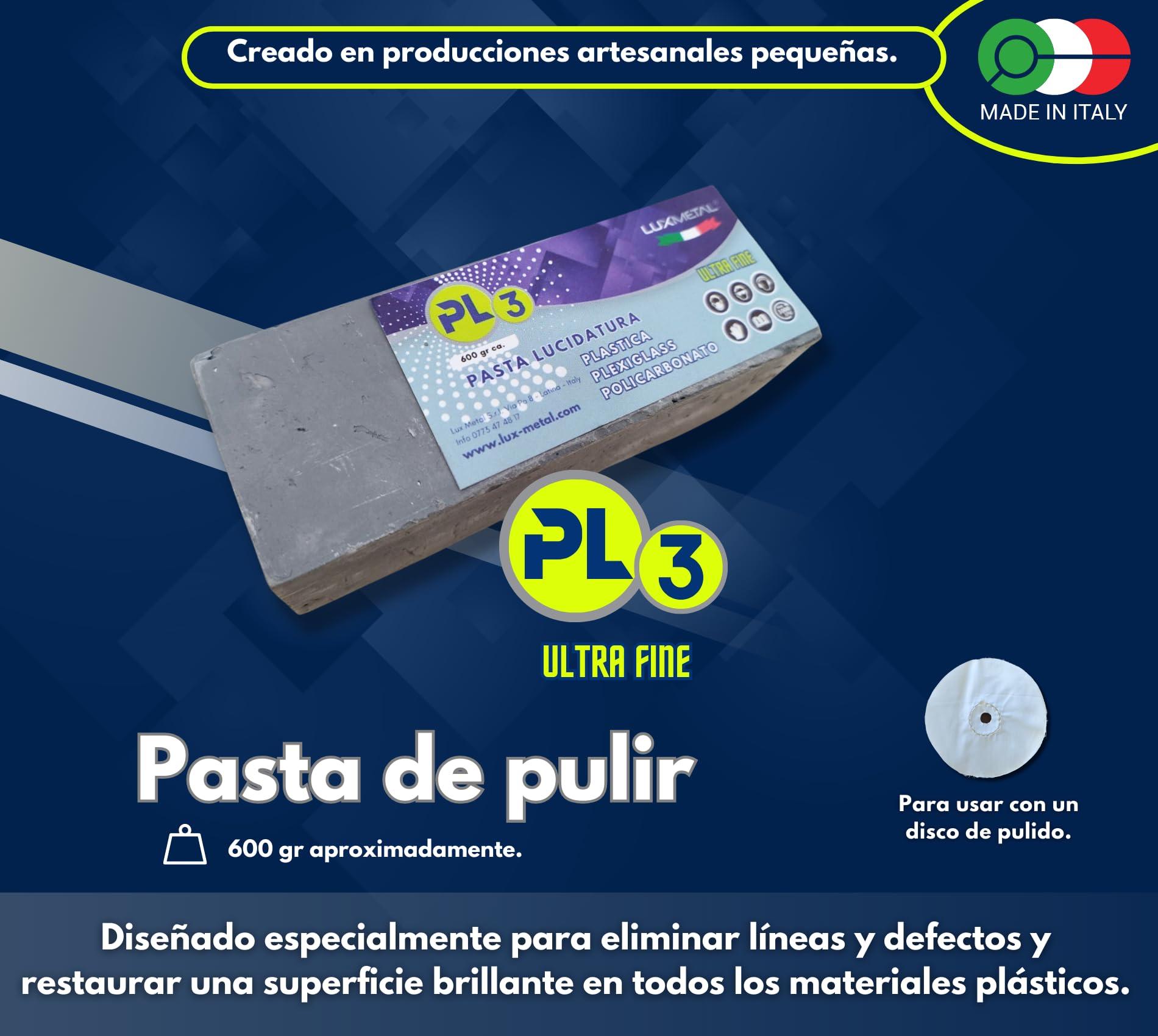 Pasta Abrasiva para Plástico PL3 600 gr Pulido Ultra Fino Plexiglás Transparente Policarbonato Pulido de Plásticos Quitar Rayones de Plástico Pasta abrasiva Plexiglás Renovar Faros coche