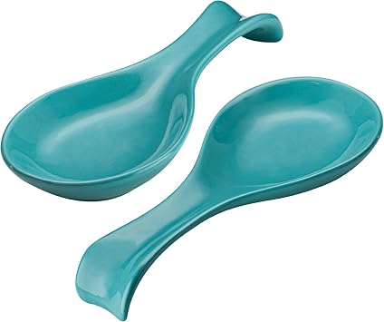 Ceramic Spoon Rest, by Kook, Utensil Holder for Stovetop, Farmhouse Kitchen & Coffee Bar Decor, Dishwasher Safe, Ladle, Tray Set of 2 Aqua