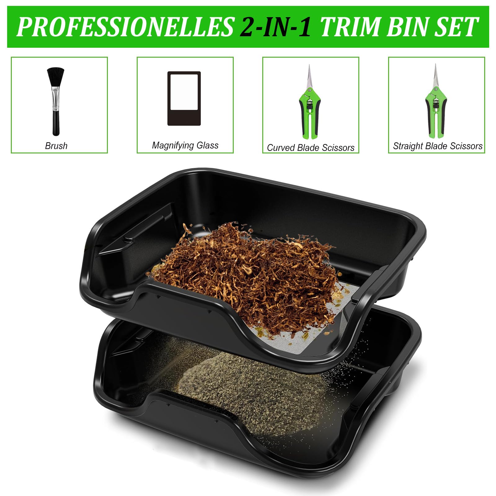 Premium Trim Bin Set mit 150 Mikron Pollensieb,Ergonomische Trimmschale & Trim Tray inkl,2 Scheren,Lupe & Bürste,Trimming Tray für Pollen and Herbs,Trimm Schale,Trimmschale mit Trimmscheren und Netz