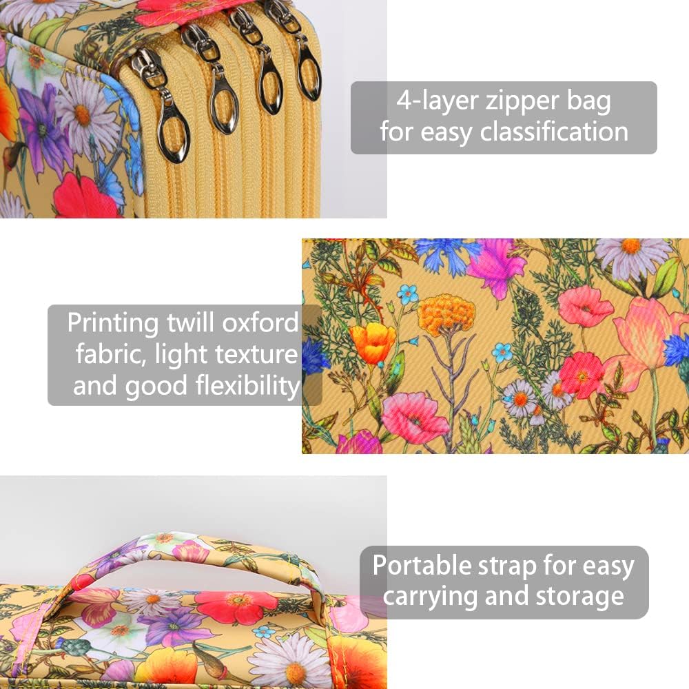 Vomgomfom 300 Slots Marker Case 4-Layer PU Leather, Handle, Yellow Flower image 3
