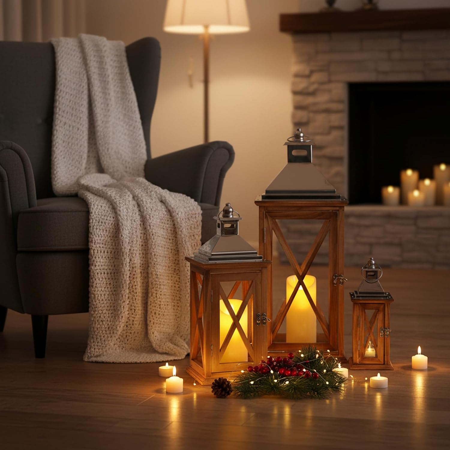 LETINE Natural Wooden Candle Lantern Set of 3, Waterproof Outdoor Lanterns for Porch & Patio Decor, Natural Wood Frame & Galvanized Metal Top, Vintage Decorative Indoor Outdoor Lanterns (S/M/L Sizes)