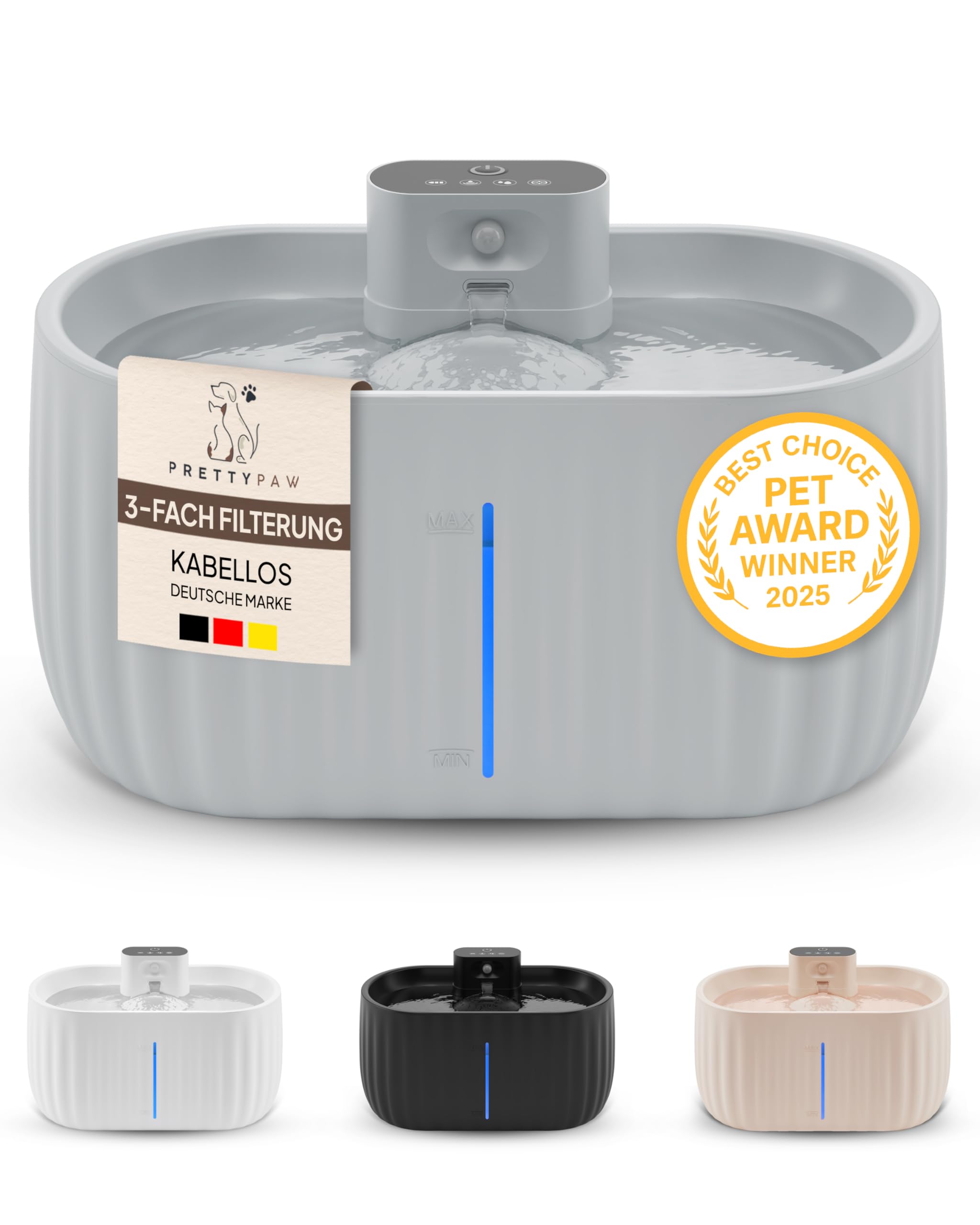Pretty Paw Katzenbrunnen Kabellos mit Bewegungsmelder - Trinkbrunnen für Katze mit 45 Tagen Akku - Wasserbrunnen für Katzen mit Filter & 3 Liter Wassertank - Aqua Sense (Grau)