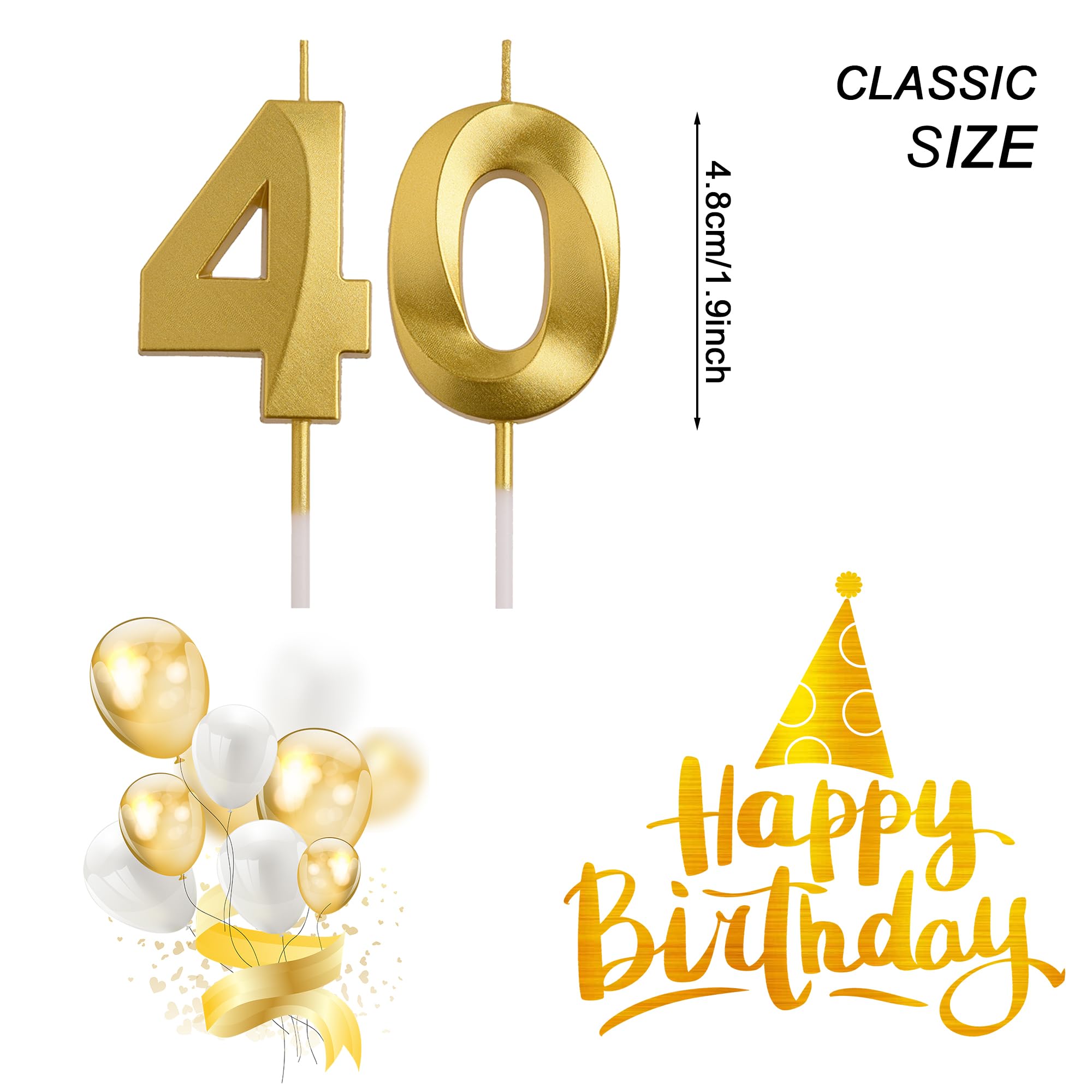 Velas de cumpleaños número 40, velas de cumpleaños con números dorados de 40 años, velas número 40 para hombres y mujeres, decoraciones de fiesta de feliz cumpleaños, decoración de tartas, regalos