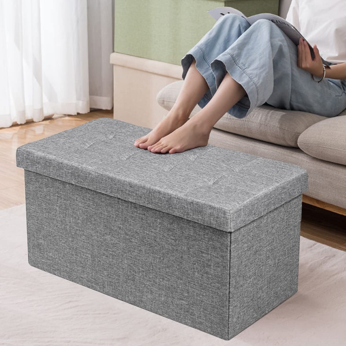 COSTWAY Otomana de Almacenamiento Plegable, 80 x 41 x 41 cm, Taburete Almacenaje, Puff Almacenaje, Banco para Zapatos con Asiento Acolchado para Sala de Estar, Dormitorio y Entrada (Gris Claro)