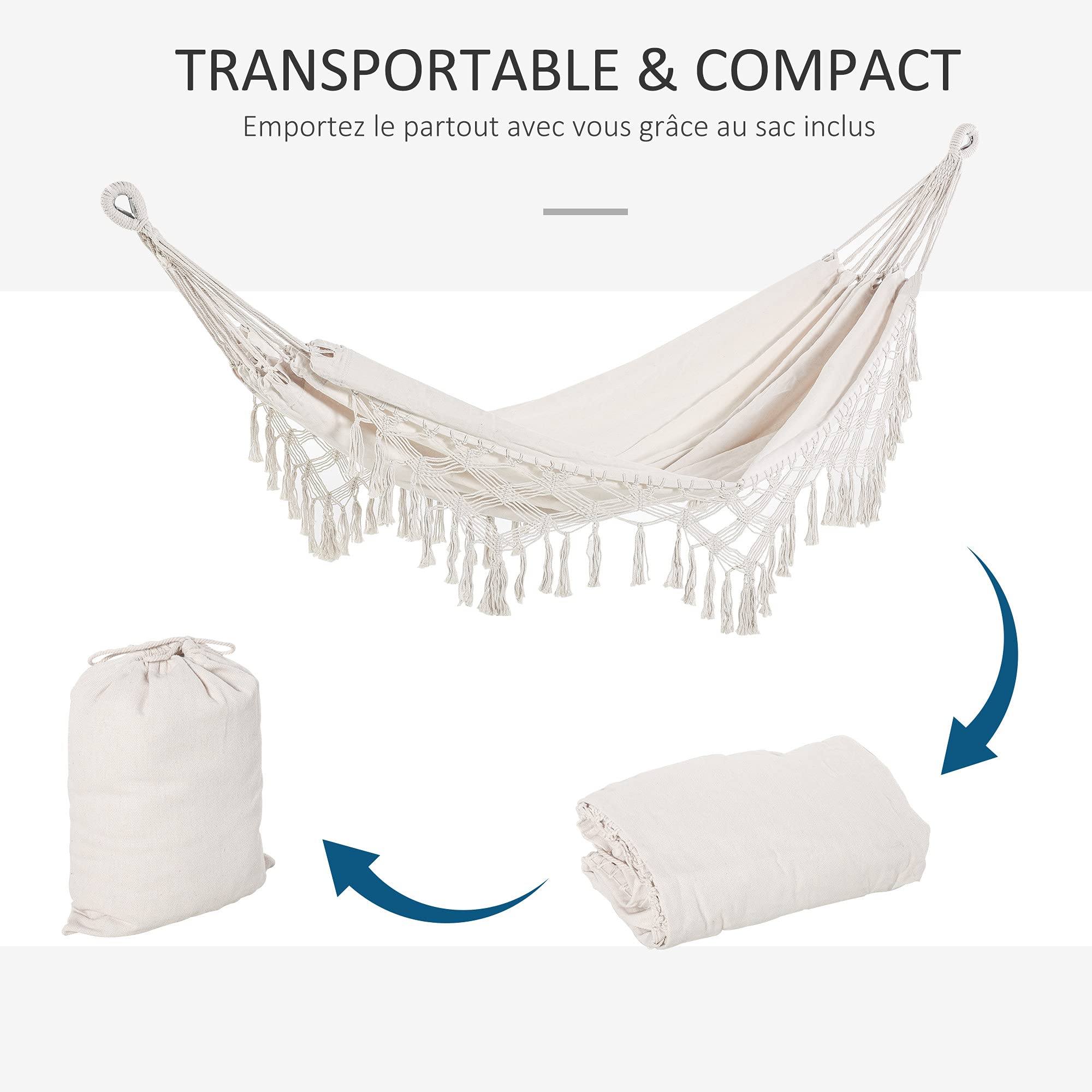 Outsunny Hamac de Voyage Portable Style bohème Chic Toile de hamac dim. totales 2,88L x 1,5l m Coton Polyester Beige
