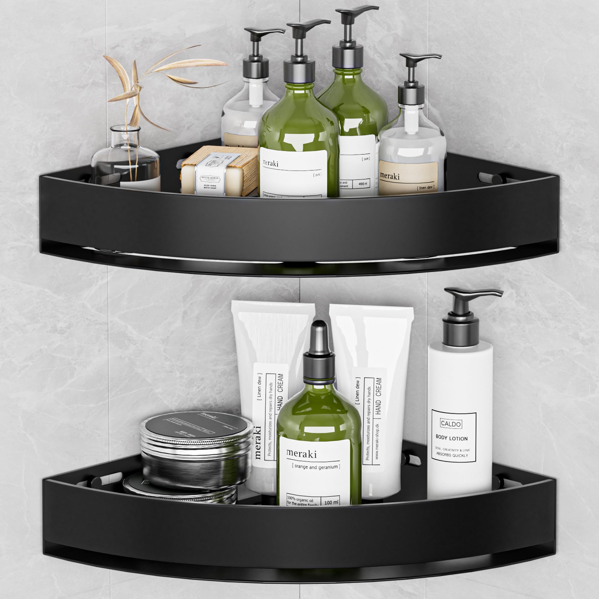Wisfame Black Corner Shower Caddy - Rustproof Aluminium Triangle Shower Shelf - No Drill Drill Installation - 2