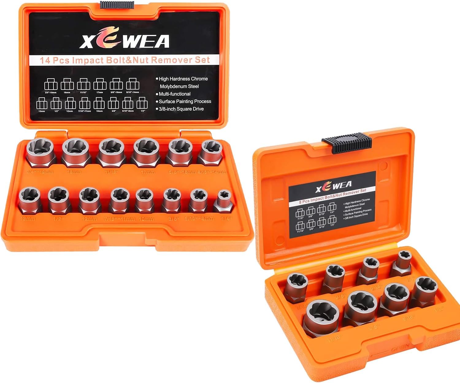 XEWEA 14PCS Bolt Extractor Set & 8PCS Bolt Nut Remover Kit, Cr-Mo 3/8" Drive Easy Out Socket Set for Damaged, Frozen, Rusted, Rounded Bolts, Nuts & Screws