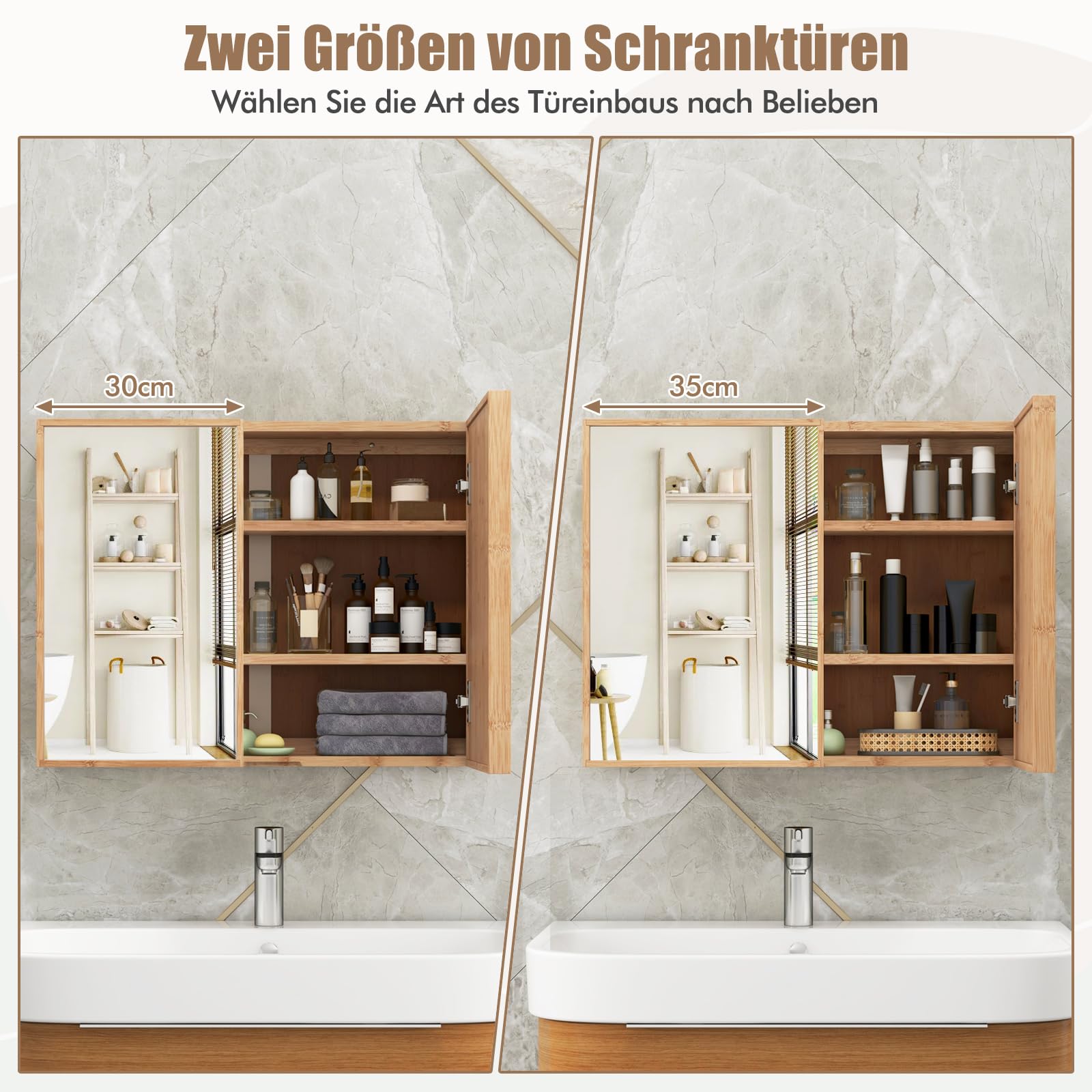 COSTWAY Bambus Spiegelschrank Bad, Badezimmerschrank mit Spiegel, Badezimmer Hängeschrank mit 2 Türen & 2 verstellbaren Regalen, Wandschrank für Badezimmer, Natur