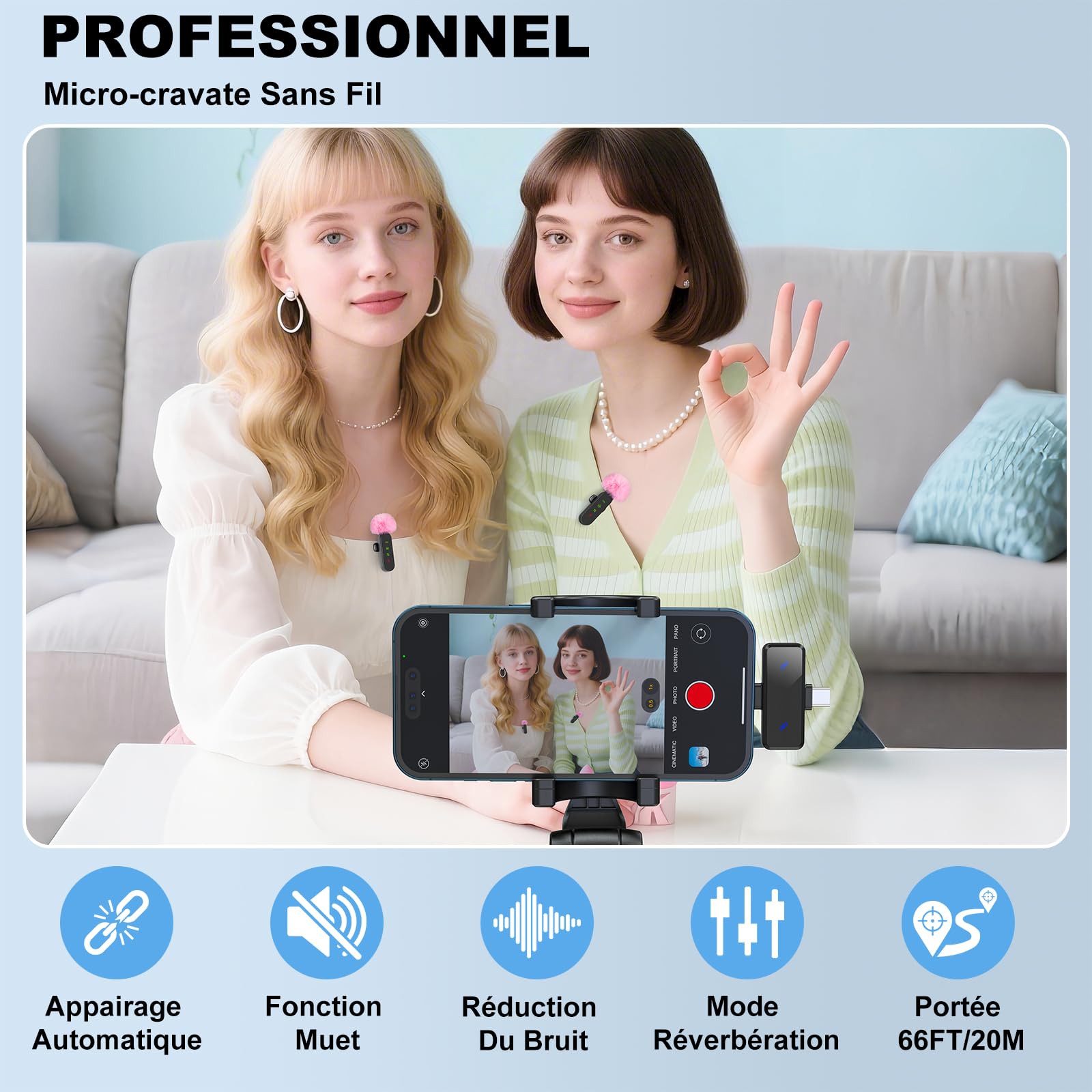 zealsound Micro Cravate sans Fil pour iPhone/Android/PC, avec Réduction du Bruit & Muet, pour Vlog, Enregistrement Vidéo, Streaming TikTok Youtube Podcast, avec Port USB-C & Lightning pour iPhones