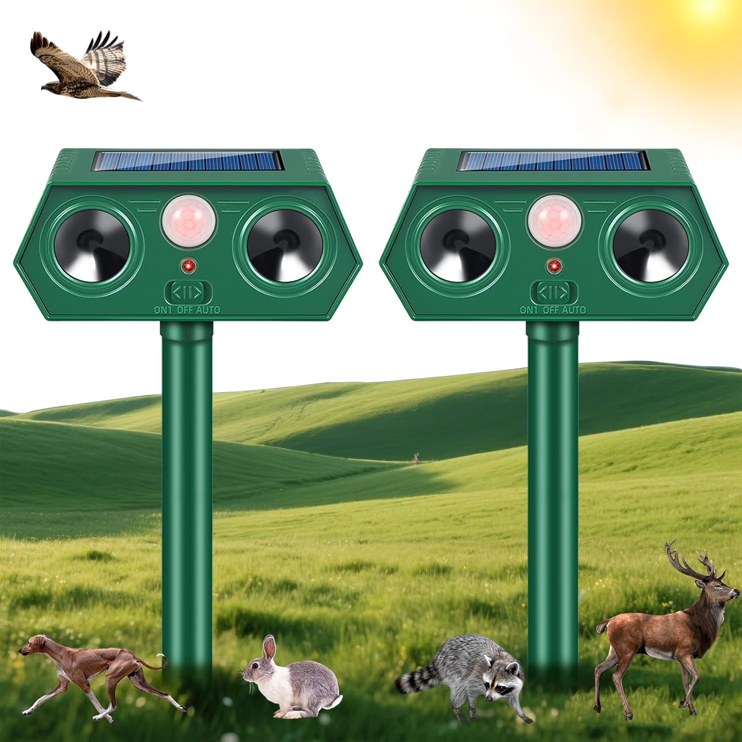 2025 Solar Ultrasonic Squirrel Deer Repellent Rabbit Repeller Raccoon Deterrent Animal Repellent Sonic Fortress Pro with Motion Sensor to Keep Cat Dog Fox Skunk Out of Garden Yard(2Pack)