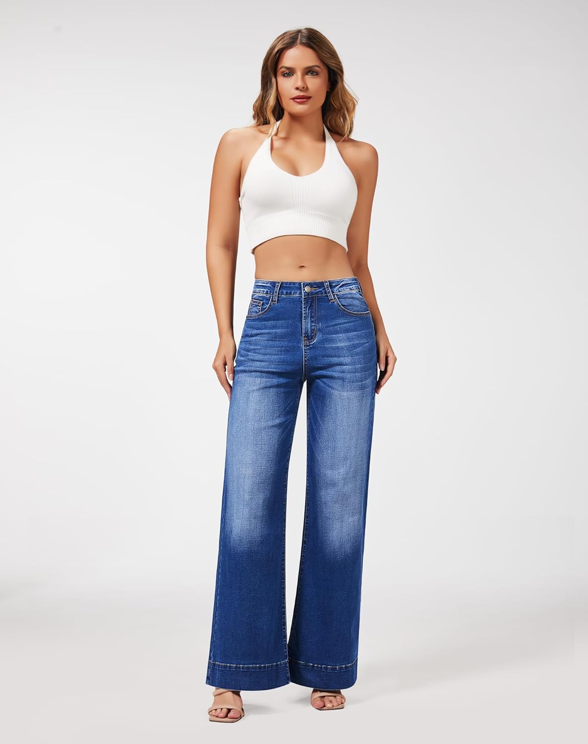 roswear Women’s Wide Leg Jeans Casual High Waisted Stretchy Baggy Loose Long Trouser Jeans