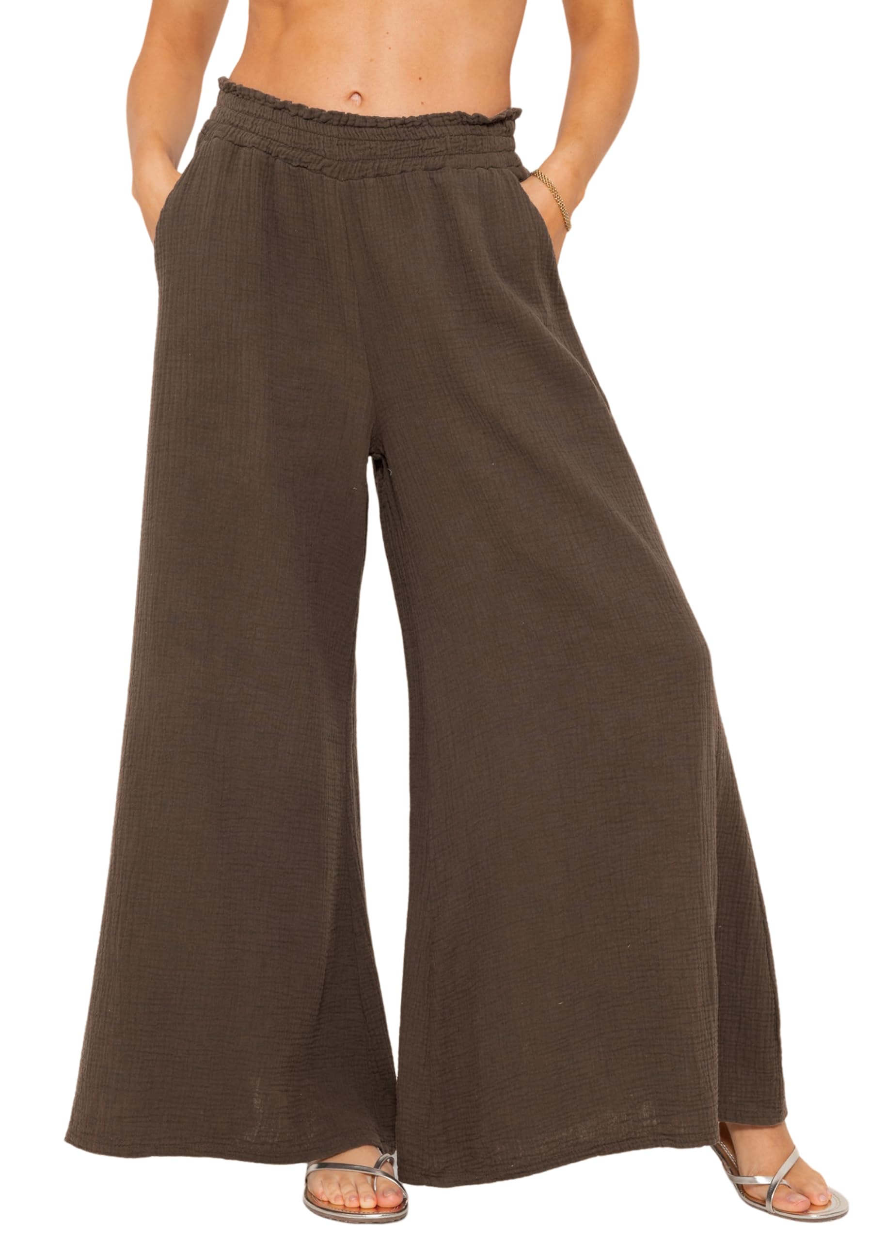 R Vivimos Womens Cotton Palazzo Pants Casual Elastic High Waisted Loose Flowy Wide Leg Long Trousers Pants with