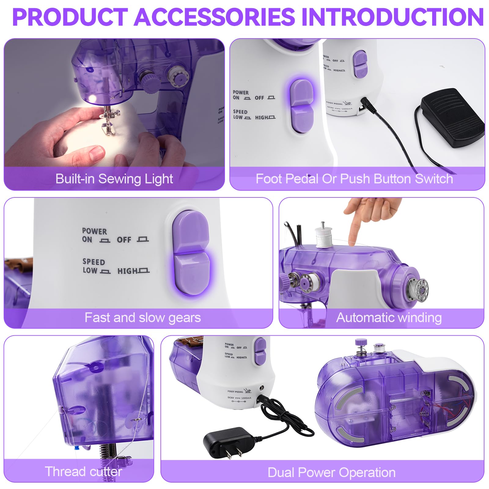 717 Mini máquina de coser para principiantes con video tutorial, máquina de coser eléctrica completa automática para niños con pedal y kit de costura de 26 piezas, 2 velocidades (morado)