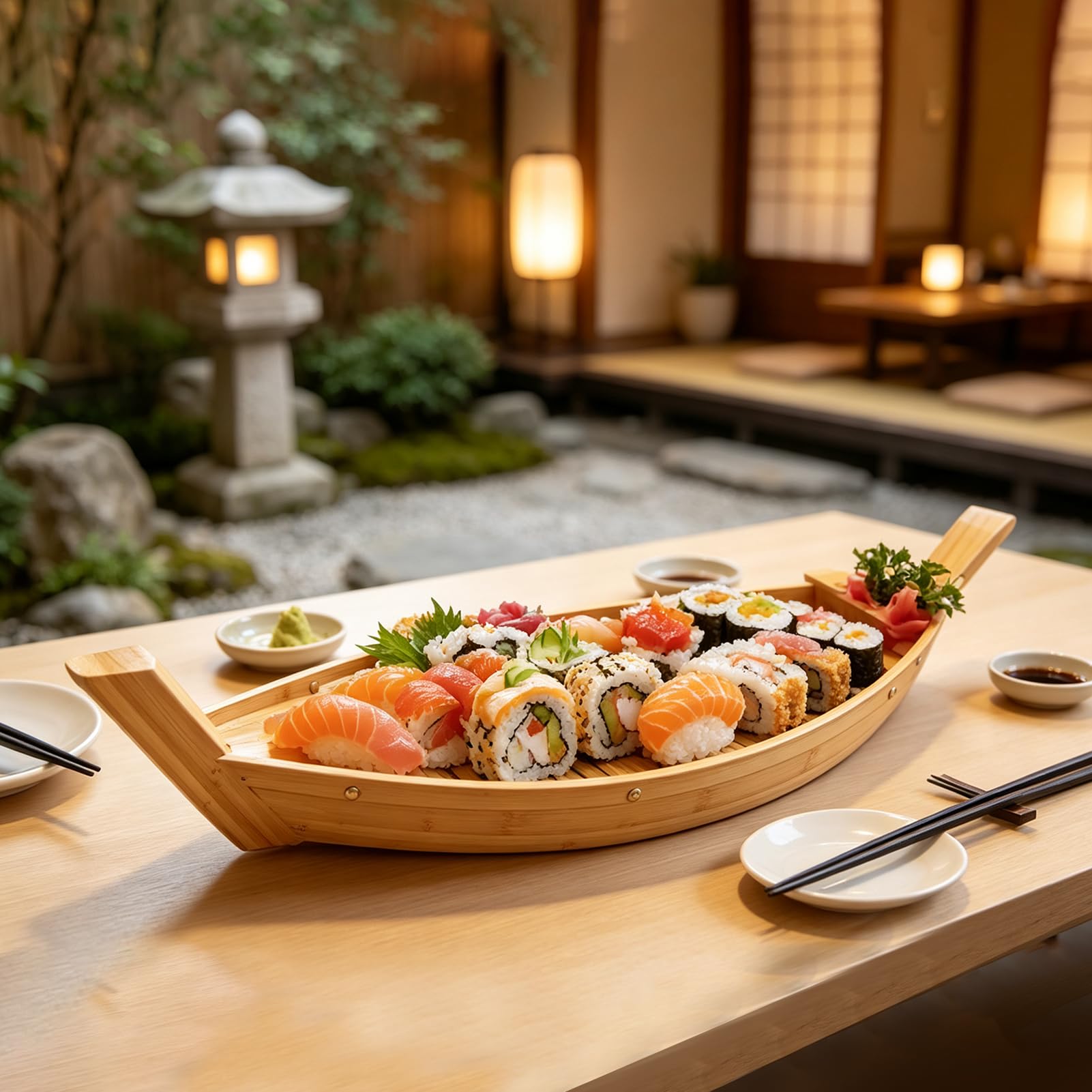 Bandeja de Barco de Sushi de Bambú Ecológica - Superficie Lacada de Grado Alimentario, Perfecta para Restaurantes, Eventos de Catering y Comidas en Casa