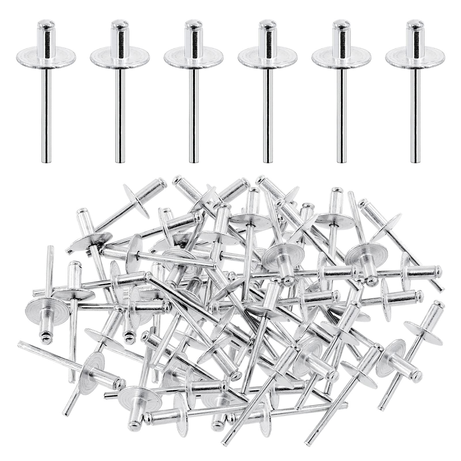 Hilitchi60Pcs 3/16" x 3/8"- M4.8 x 10 x 16 Aluminum Pop Rivets, Large Flange Aluminum Blind Rivets, Large Head Tri-Fold Exploding Aluminum Mandrel Pop Rivets Tools