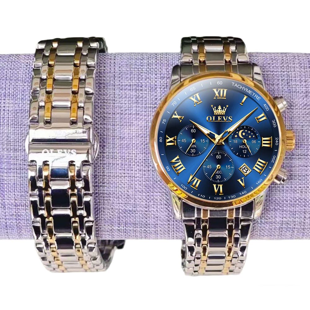 Orologio Uomo Cronografo e Fase Lunare in Acciaio Inossidabile | Orologio analogico al quarzo, impermeabile fino a 3 ATM, dal design elegante e classico, disponibile in bianco, nero e blu