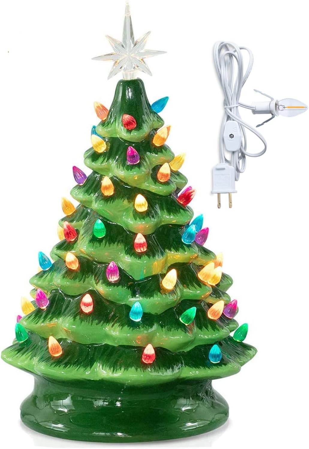 15 Inch Pre-Lit Ceramic Christmas Tree, Tabletop Christmas Decoration Tree, 110V Christmas Plug, 64 Multicolored Lights and Top Star, Green Ceramic Tree