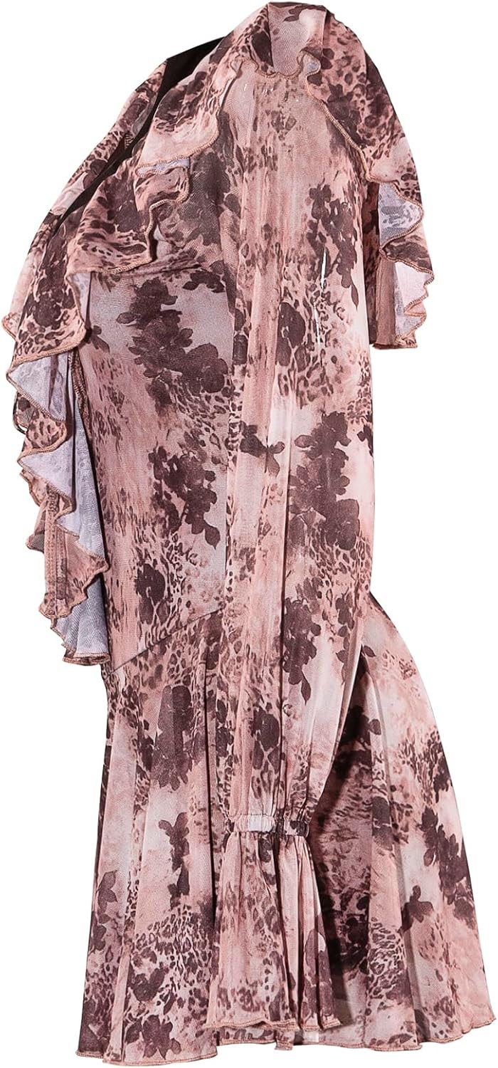 VWIWV Women Sexy Leopard Print Ruffle Mini Dress Lace up Long Sleeve Pleated Bodycon Short Party Club Mesh Dress - Image 3