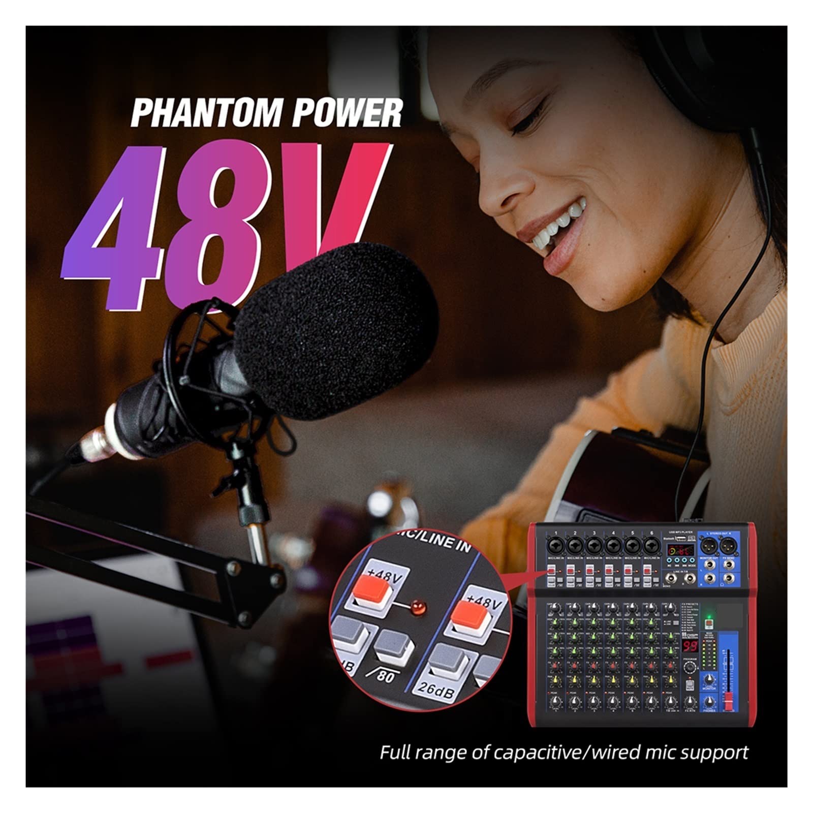 DJ-Audiomixer 8-Kanal-Mixer-Schnittstelle for DJ-Mischpult-Controller-Aufnahmestudio mit 99 DSP-Digitaleffekten